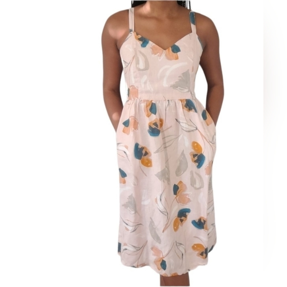 Rachel Zoe Floral Linen Midi Dress Sz 10 Sleeveless W Pockets